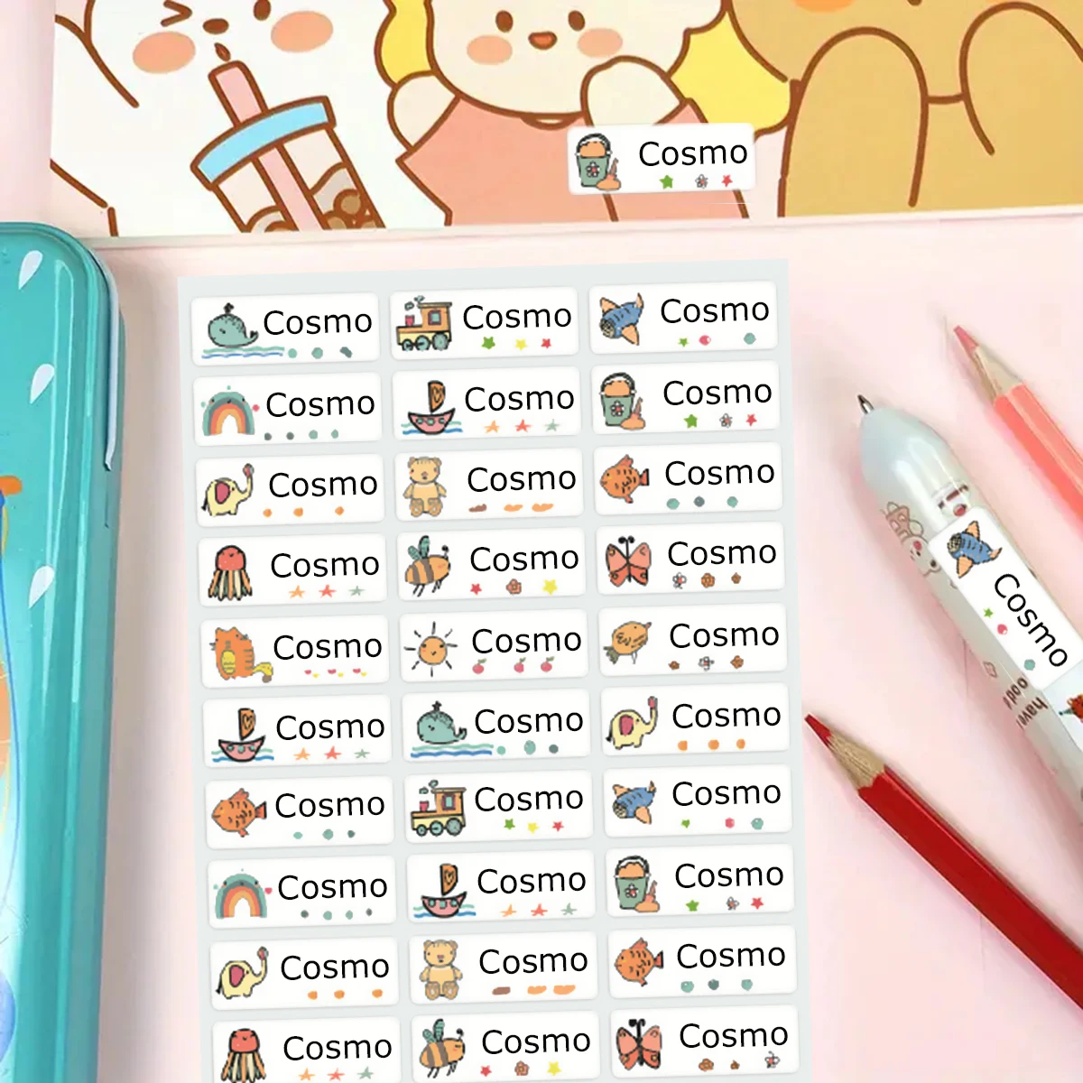 Etiquetas adhesivas con diseño de dibujos animados, pegatinas impermeables con nombre personalizado, para libros, vasos y documentos, stickers-T1-personalized