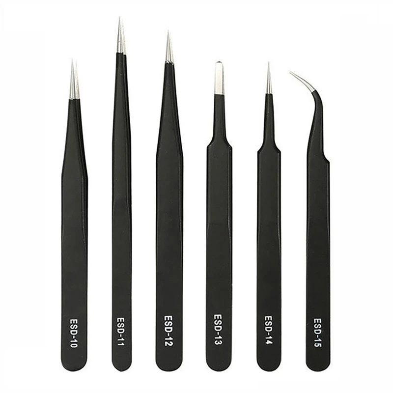 6pcs Precision Anti-Static Tweezers Set ESD Stainless Steel Tweezers Repair Tools for Electronics Repair Process Modeling Craft