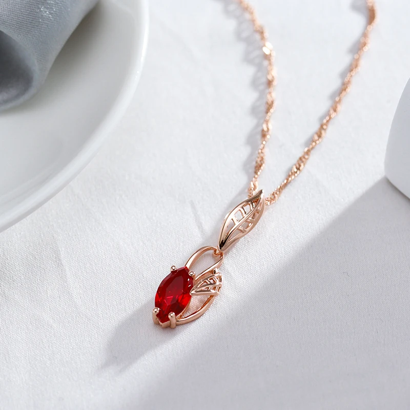 Kinel Luxury Red Natural Zircon Pendant Necklace For Women 585 Rose Gold Color Vintage Flower Wedding Party Fine Daily Jewelry