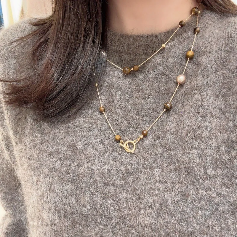 Necklace Stackable Tiger Eye Stone Round Pearl Vintage Fall Winter Premium High Quality Durable Chic Women