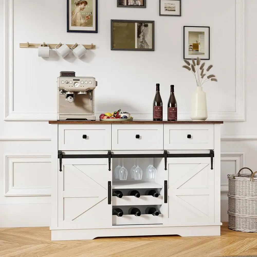 

54 Rustic White Wine Bar Cabinet with Sliding Doors, Storage, and Glass Rack for Living or Dining Room