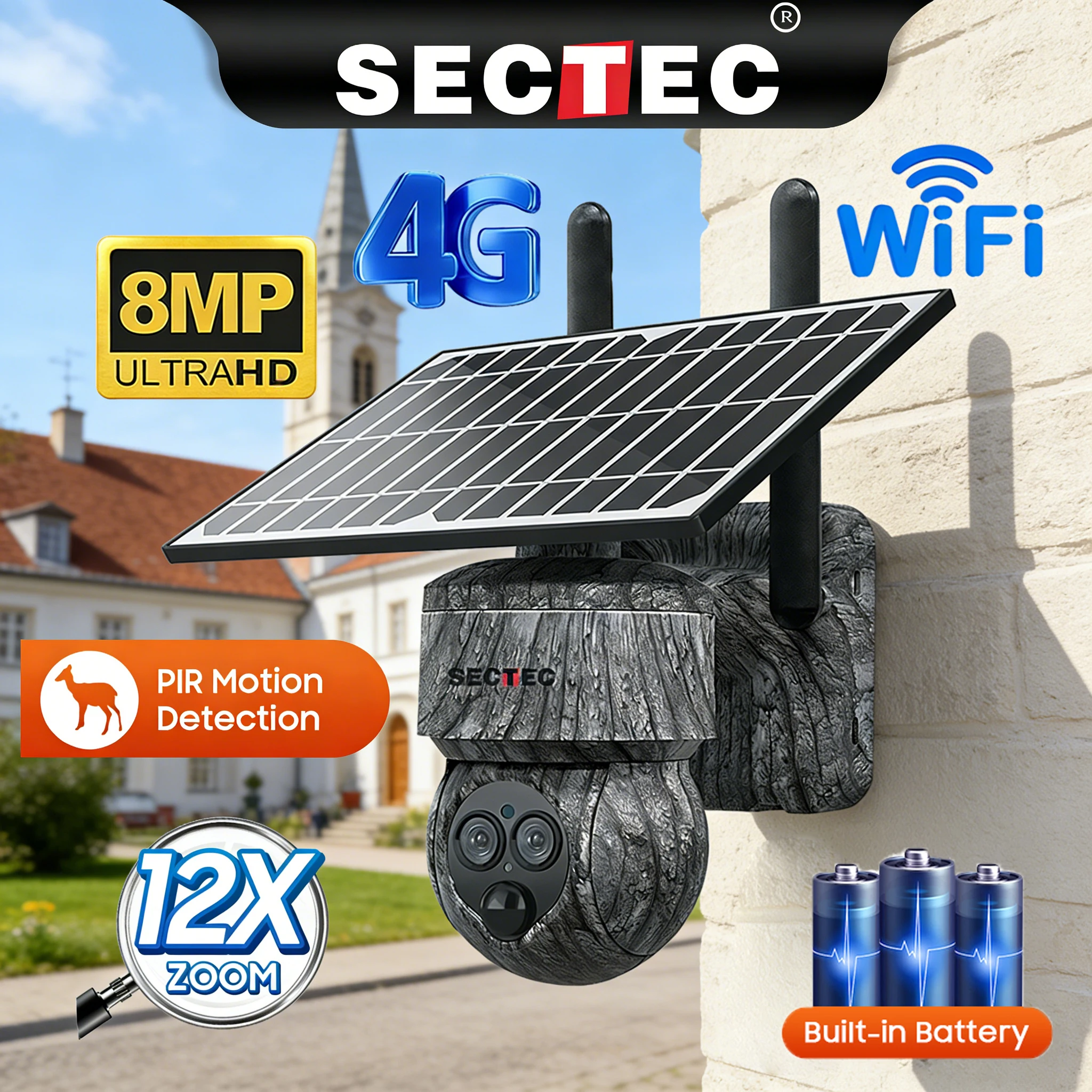

SECTEC 8 МП 4G SIM/Wi-Fi Солнечная камера для наружного видеонаблюдения с записью и обнаружением человека для леса/фермы