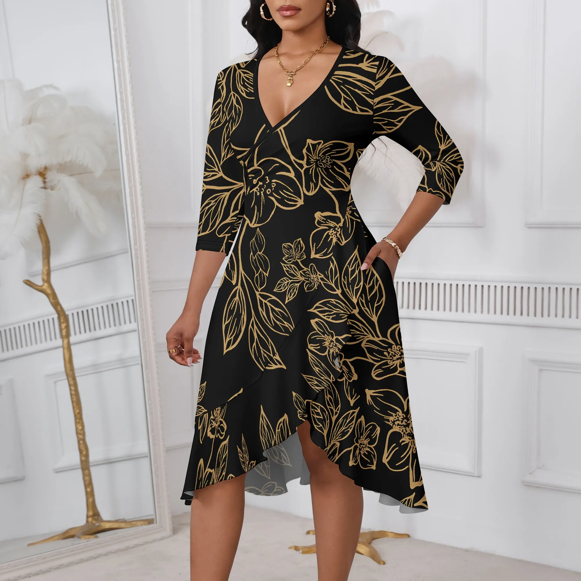 Nupusa Robe à imprimé floral pour femme, tenue asymétrique d'été décontractée, col en V, demi-manches