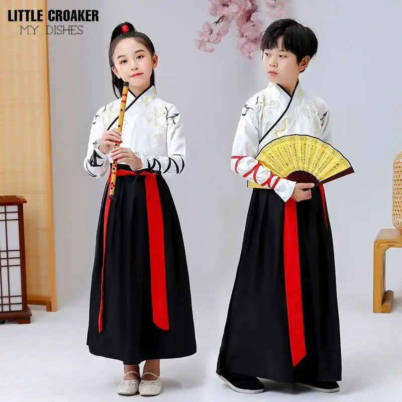 Ancient Chinese Children Traditional Costume Boys and Girls White Black and Red Hanfu Cosplay Dress for Halloween Kids Cosplay