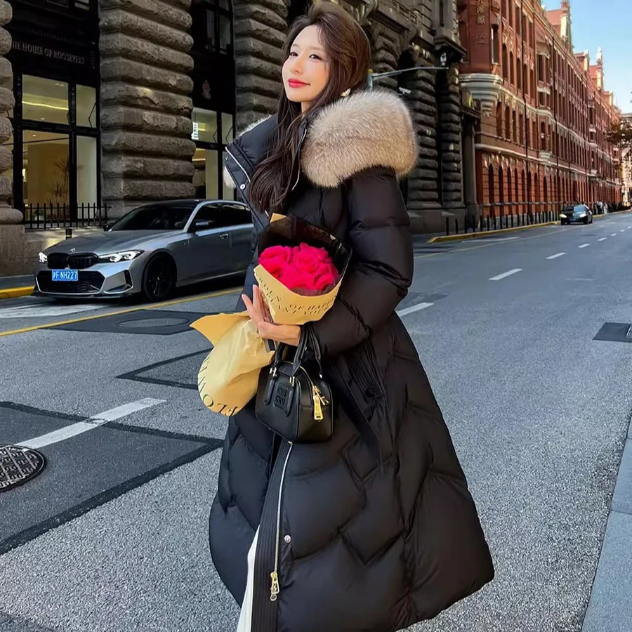 Winter Fox Fur Collar Women's Down Jacket Commuting Windproof Hooded Slim Fit Jacket
