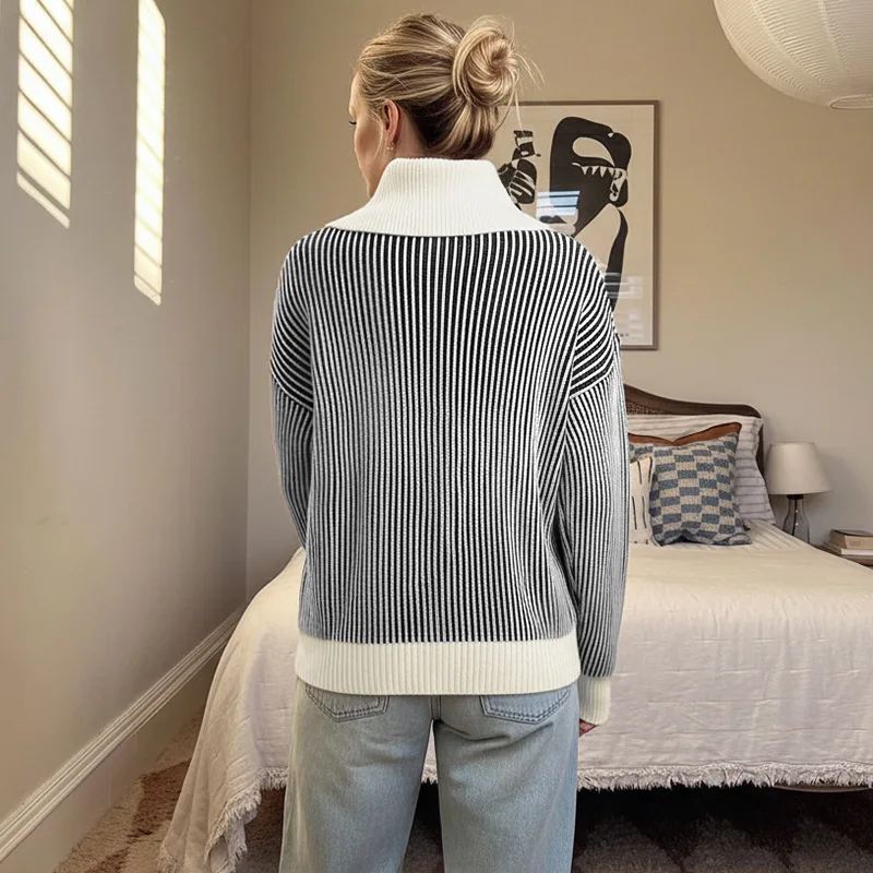 HXWC181 2025 خريف شتاء جديد عادية ريترو ستايل تصميم تحسس كبير بدوره إلى أسفل طوق شبه الياقة المدورة سويتر مقلم المرأة #4