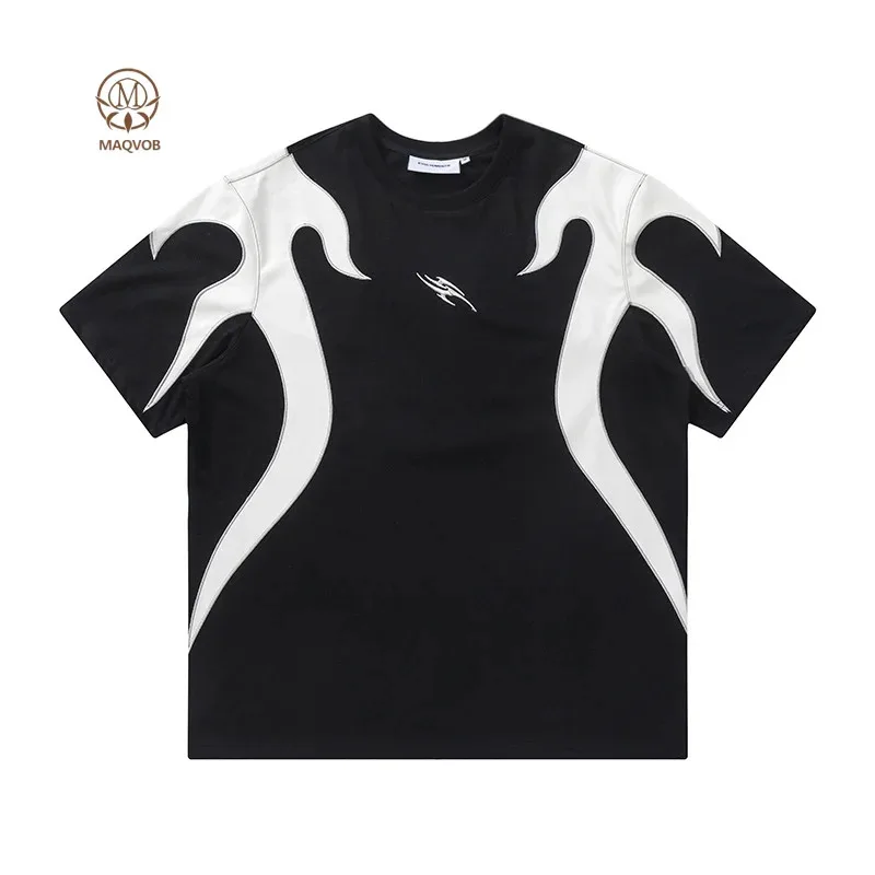

HELLOMARCEL Men's Fashion Summer EU US Size High Street Wear Vintage Patchwork Fire Flame Embroidery Short Sleeve T-Shirt