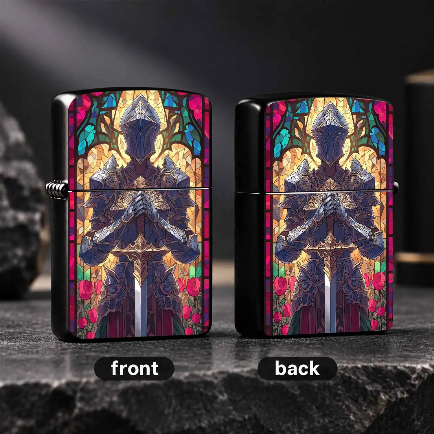 Stained Glass Knight Pattern Windproof Lighter, Medieval Holy Knight Holding Sword Themed PORTABLE Lighter, Unique Creative Artistic Collectible Igniter, Exquisite Decor Gift for Boyfriend, Comrade on Birthday Holiday A Fun and Humorous