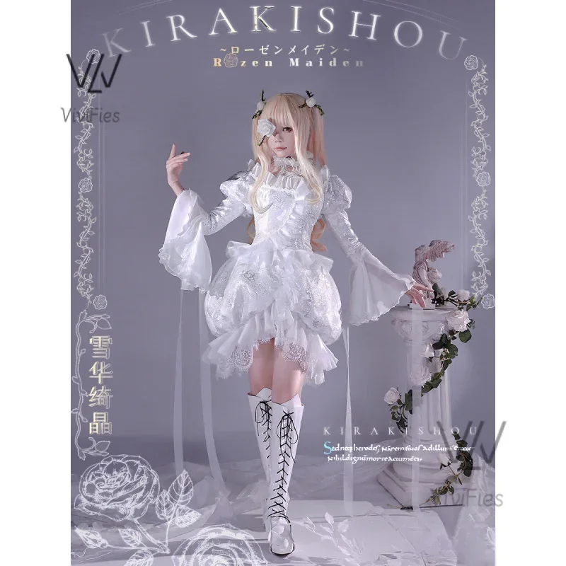 Kirakishou cosplay costume wigs anime roses maiden cosplay women kirakishou cosplay Lolita Gothic dress white lolita dress boots