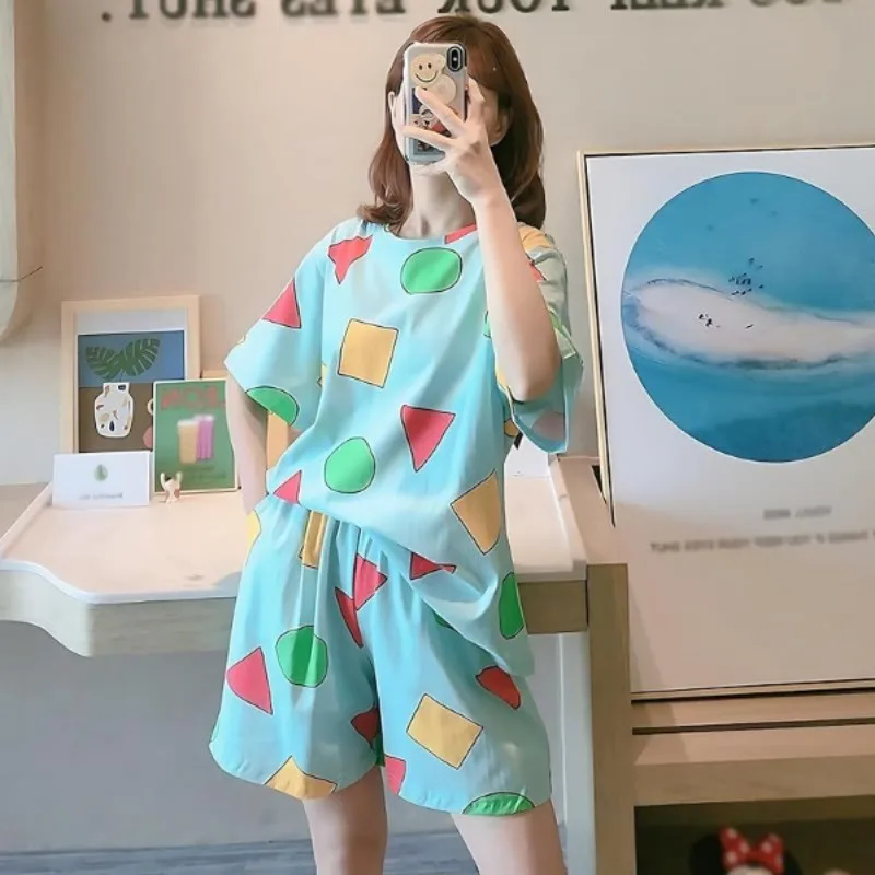 반팔 잠옷 여성 여름 만화 귀여운 기하학 잠옷 Homewear 캐주얼 풀오버 셔츠 Ladies Sleepwear Loungewear