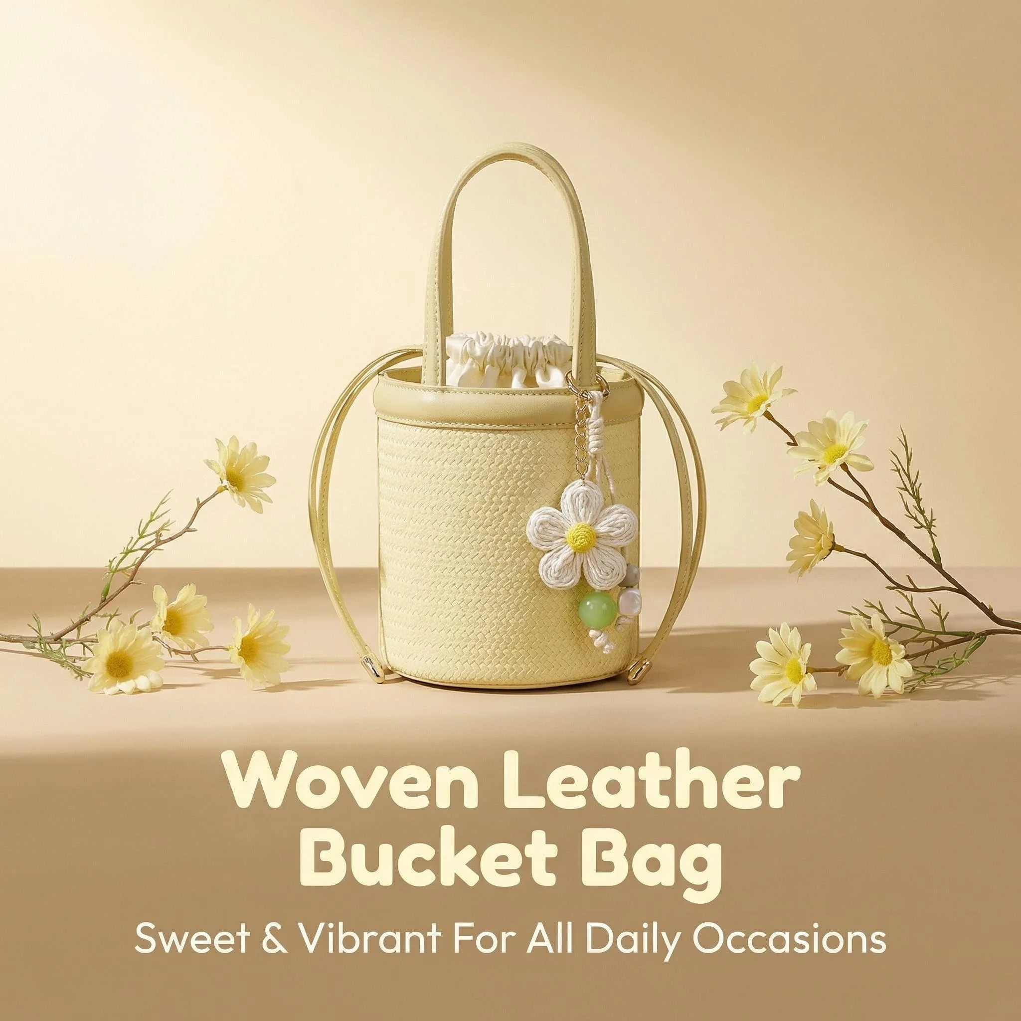 

JIOMAY 2026 New Yellow PU Embossed Top Handle Bag, Summer Daisy Pendant Beach Purse, Unique Fashion Versatile Handbag for Women