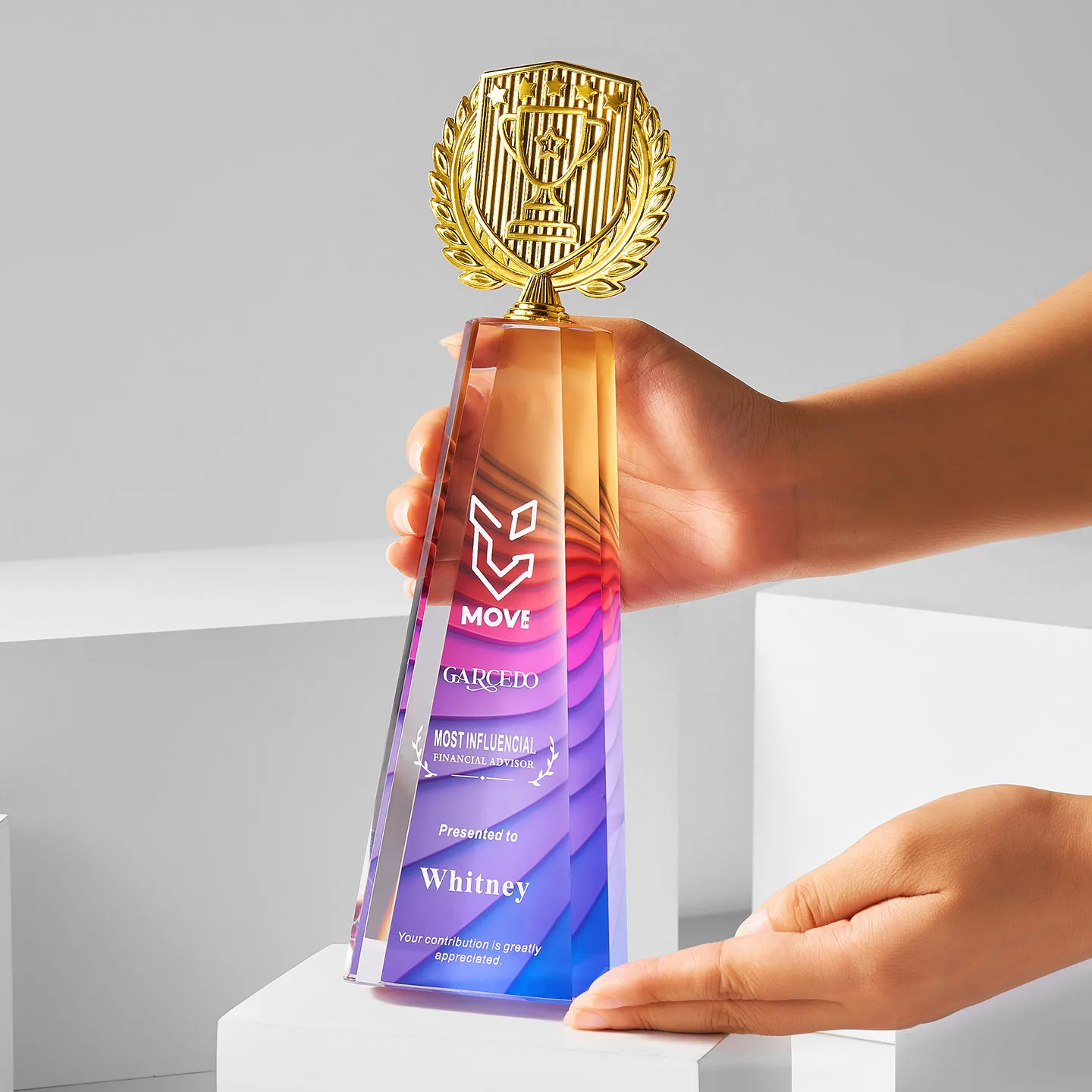 1 قطعة كأس جائزة كريستال مخصص نموذج جديد للاجتماع السنوي للشركة ممتاز الموظف بطل اللون طباعة جائزة كأس العرض