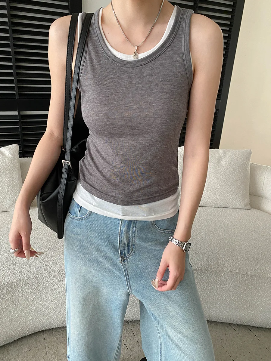 Sommerliches, lässiges, einfarbiges, kontrastfarbenes, zweiteiliges Tanktop mit Rundhalsausschnitt und schmaler Passform für Damen – Detail 17