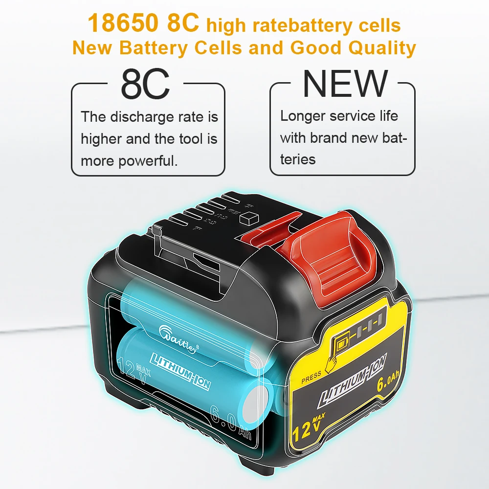 Waitley DCB120 Battery for Dewalt 10.8V 12V power Tools rechargeable electric tool Accessories Lithium batteries Replace DCB124