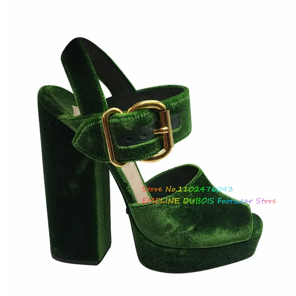 Grenn Velvet High Heeled Sandals for Women Open Toe Chunky Heel Buckle Strap Platform Elegant Solid Color Party Dress Shoes