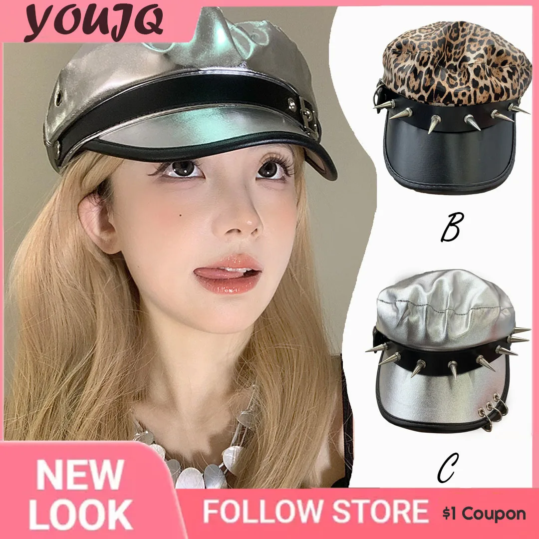 

Y2K Sliver Leopard Print Rivet Leather Buckle Design PU Leather Octagonal Hats for Women Street Trend Versatile Berets Cap Gorro