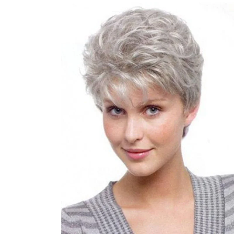

Модные женские парики Женский короткий серебристо-серый вьющийся парик из натуральных волос