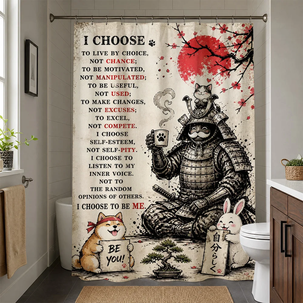 Waterproof Shower Curtain Waterproof Curtain Inspirational Wall Art Japanese Cat Anime Motivational Positive Affirmation Bathroo