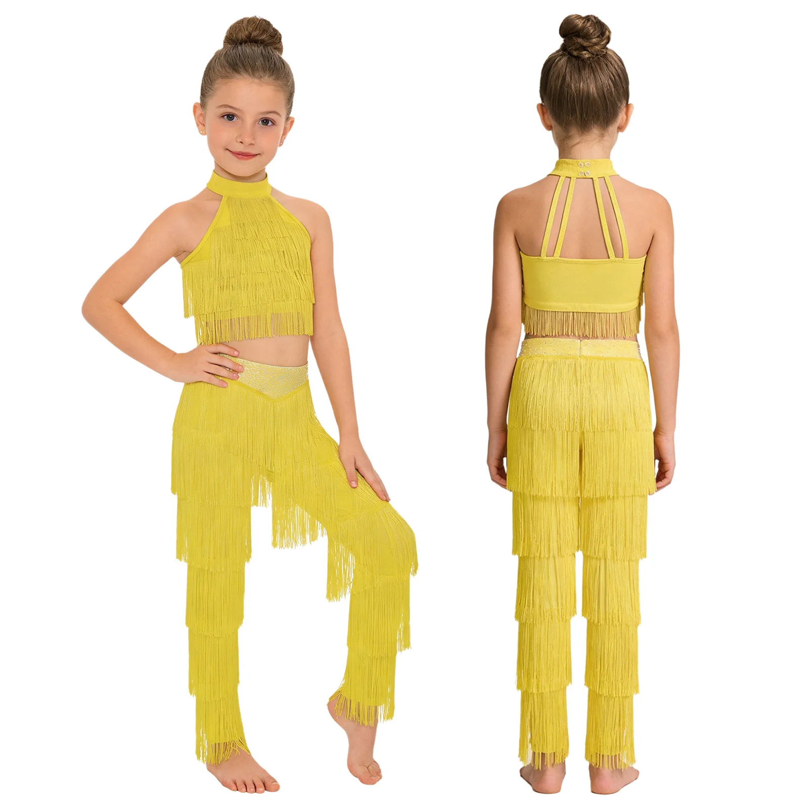 

Kids Girls Latin Tango Samba Cha-cha Dance Performance Costume Salsa Outfit Sleeveless Tiered Tassels Crop Top And Fringed Pants
