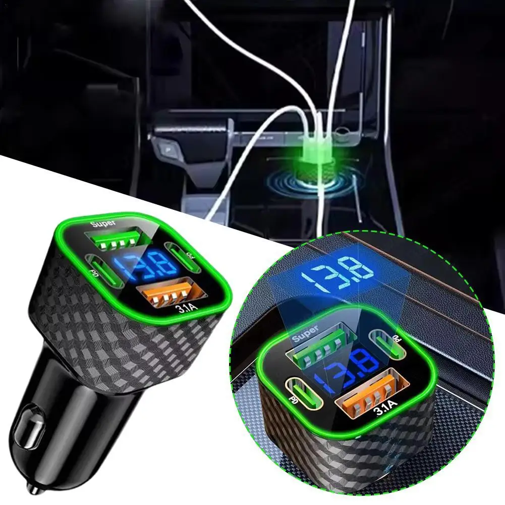 Car Charger Cigarette Lighter Multi Port One To Four 66W Super Fast Charging With Digital Display Car Converter