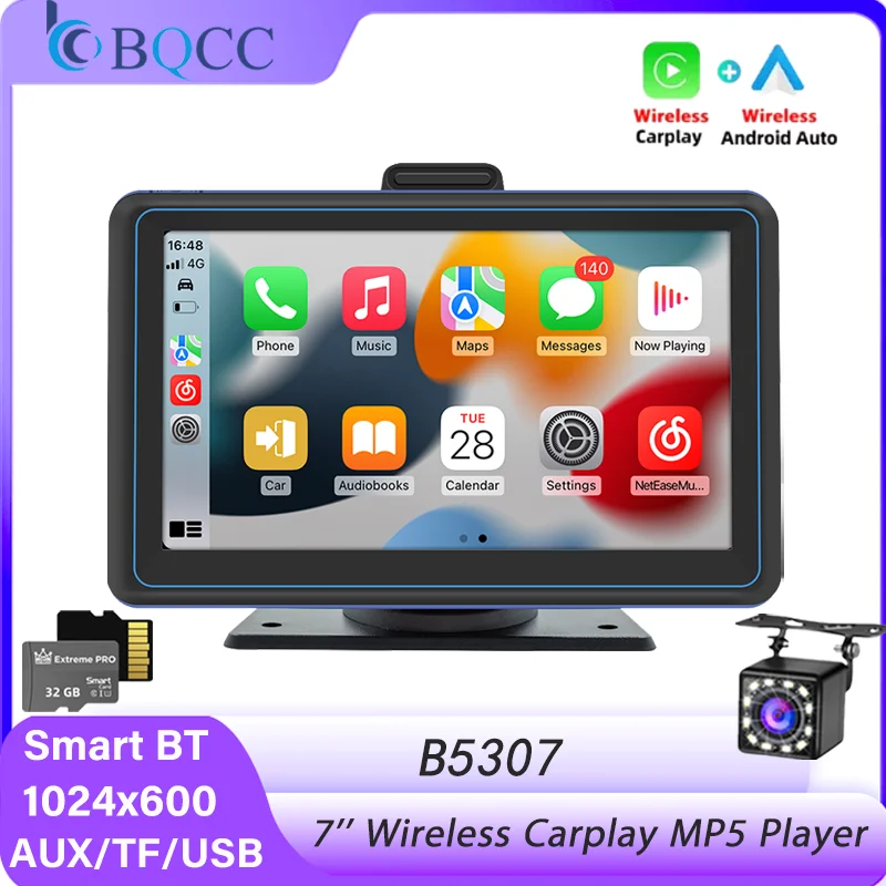 BQCC 7'' IPS Screen Portable MP5 Car Player Support Wireless CarPlay Android Auto Rubber Material Housing Smart Stereo Car Radio