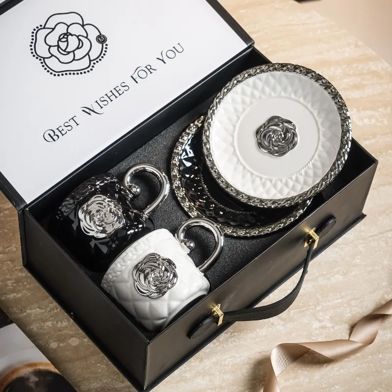 

Home Ceramic Coffee Cup and Saucer Set Embossed Light Luxury High-End French Coffee Cup