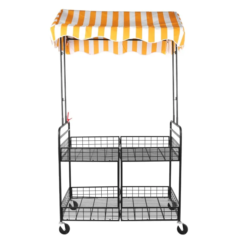 Business Mobile Catering Cart Foldable Pushcart with Yellow White Canopy Mobile Cart for Outdoor Vending Sale Display