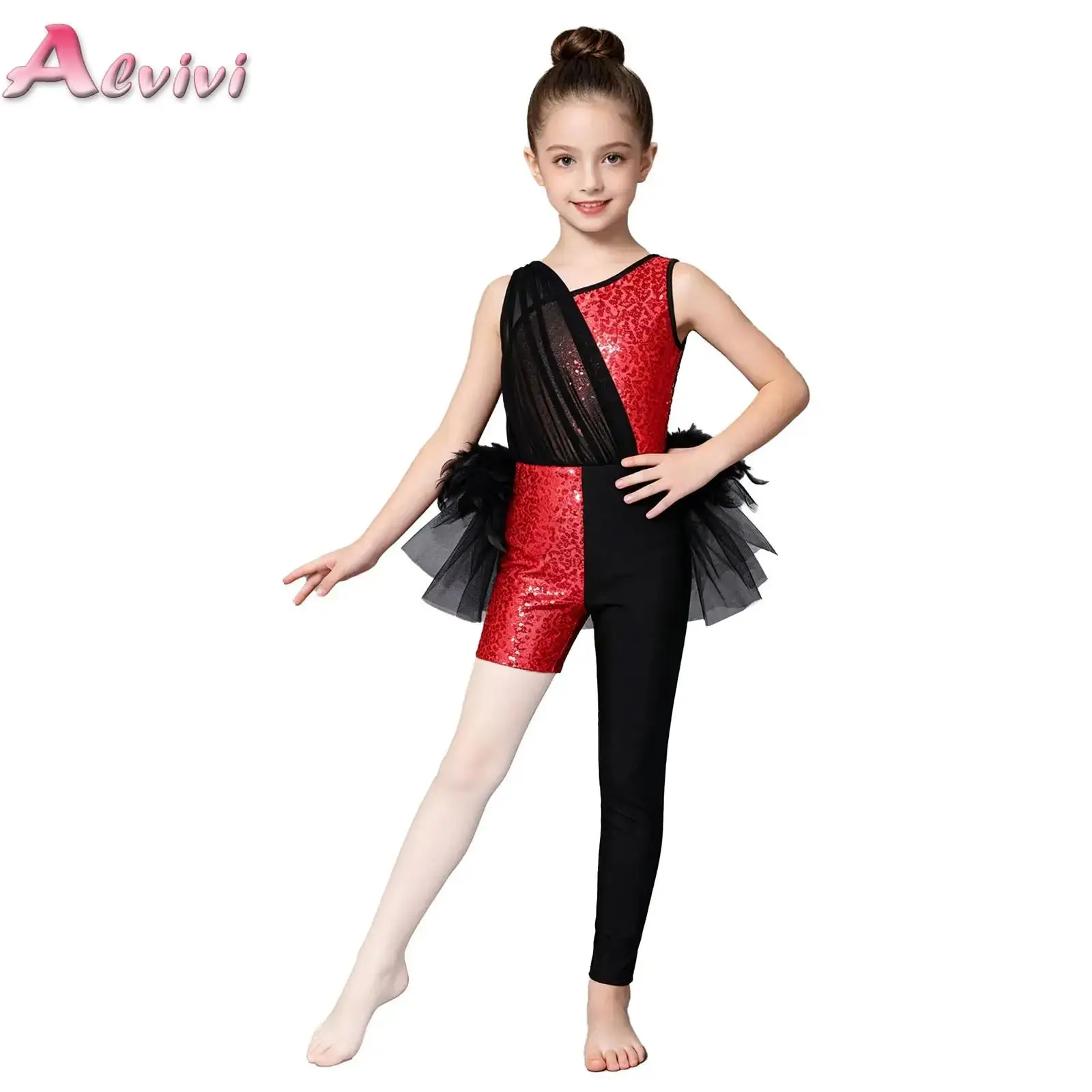 Kids Girls Sequins Jazz Ballet Dance Jumpsuit Color Block Leotard Feather Tulle Skirted Bodysuit for Performance Competition