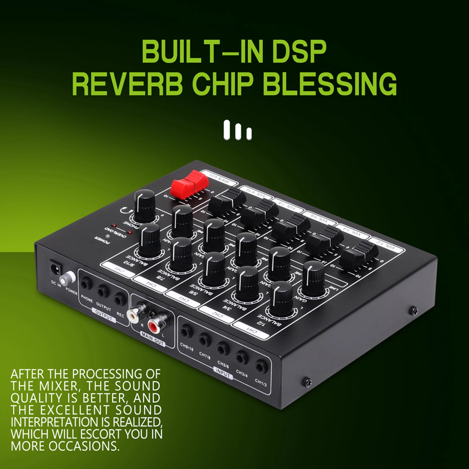 10 Channel Audio Mixer DC 9V Independent Volume Control 5 Input 1 Output Stereo Mixer for Keyboards Microphones Guitars Bass KTV