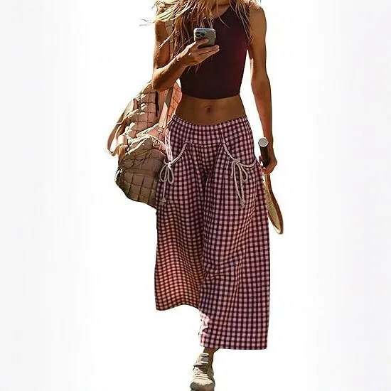 Plaid Loose Fit Pants Mid Rise Casual with Pockets Lightweight Checkered Pattern Ankle Length Drawstring No Stretch Women Pants