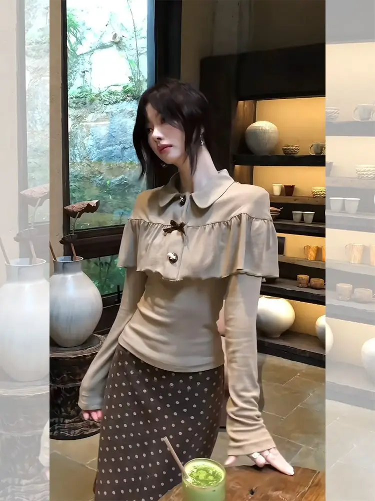 2026 Autumn New Retro Korean Gentle Atmosphere Lotus Leaf Cloak Top Polka Dot Skirt Two-piece Set