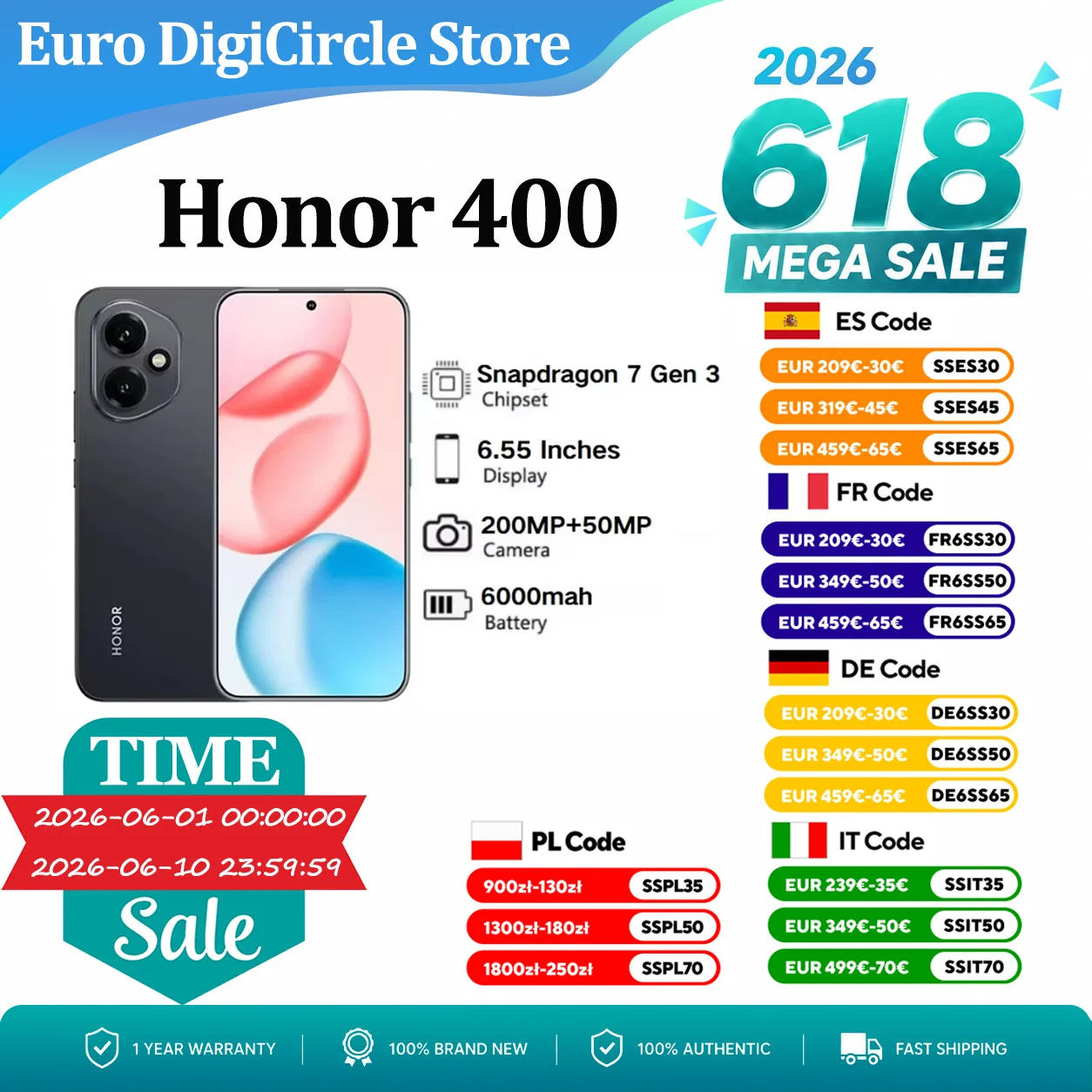 Honor 400 - Smartphone 6,55 pouces avec écran AMOLED 120 Hz, processeur Snapdragon 7 Gen 3, batterie 6 000 mAh, double caméra IA 200 MP + 50 MP.