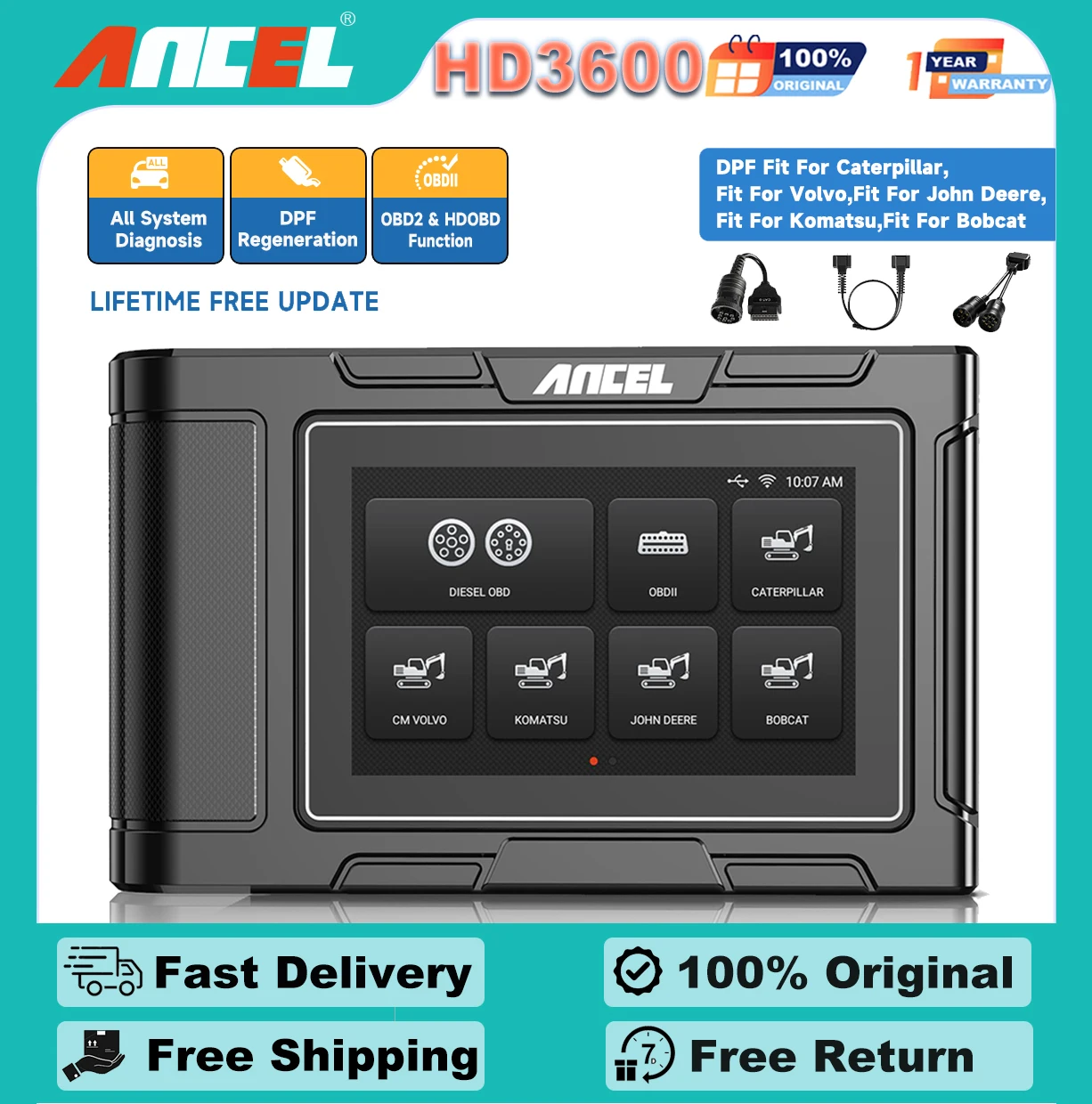 ANCEL HD3600 Heavy Equipment Diagnostic Tool with DPF Regen Full System Heavy Duty Truck Scanner Machinery Scan Tool Diesel Code