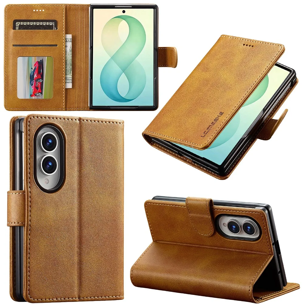 Solid Color Leather Magnetic Flip Cover for Samsung Galaxy Z Fold 8 Ultra/Z Fold7 6 with Built-in Cash Pocket & Card Slots