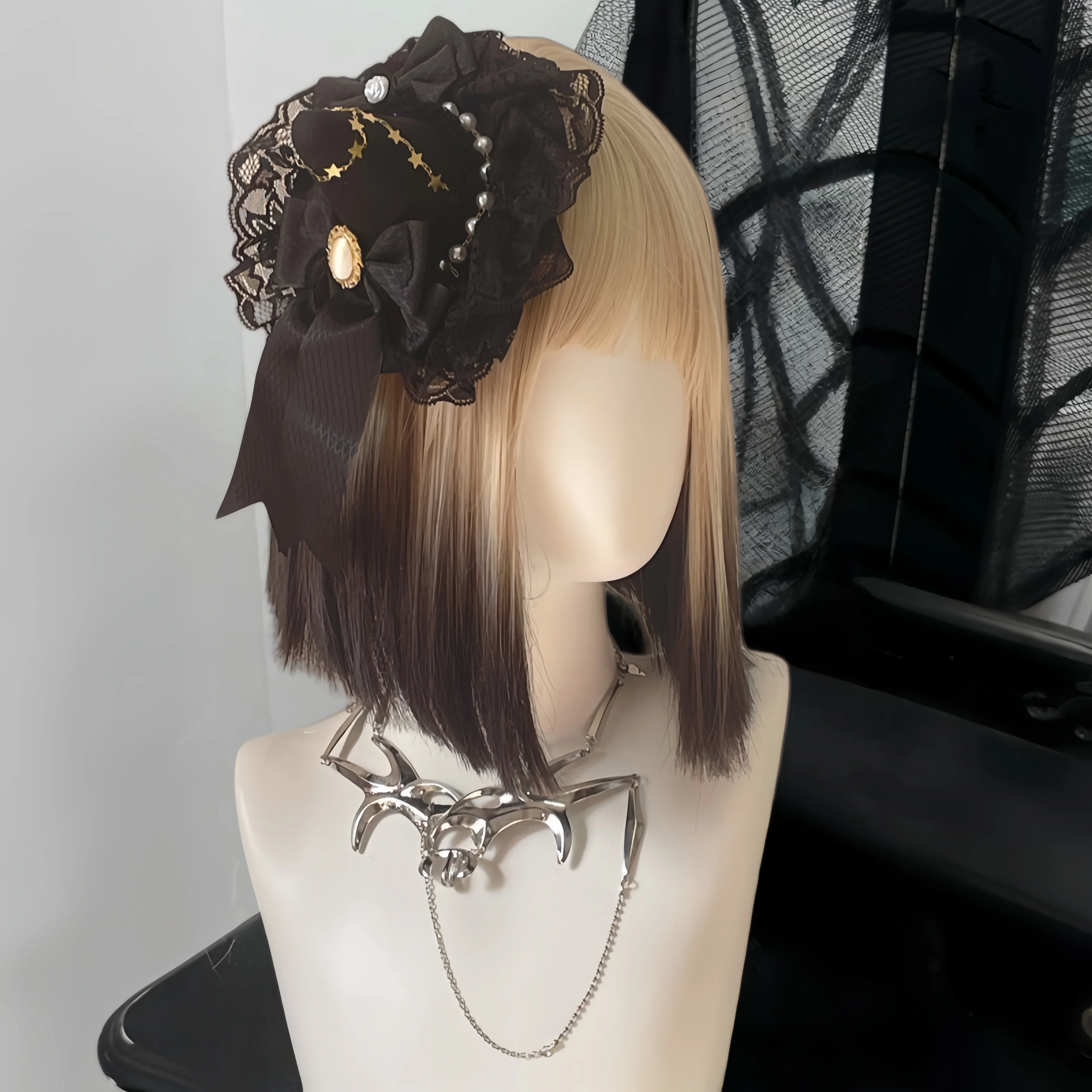 New Handmade Dark Gothic Small Hat Y2K Punk Lace Bow Headdress Magic Girl Cosplay KC Hairpin Witch Hat Hair Accessory