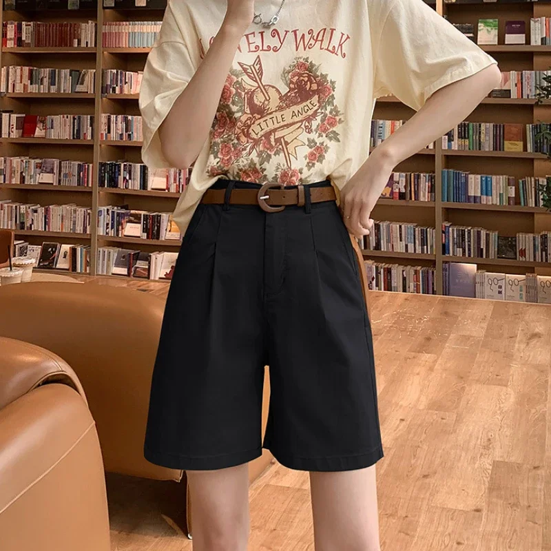 Korean Casual Buttons Bermuda Short Women Summer Women's Wide Leg Shorts High Waist Loose Straight Suit Short Pants with Belt