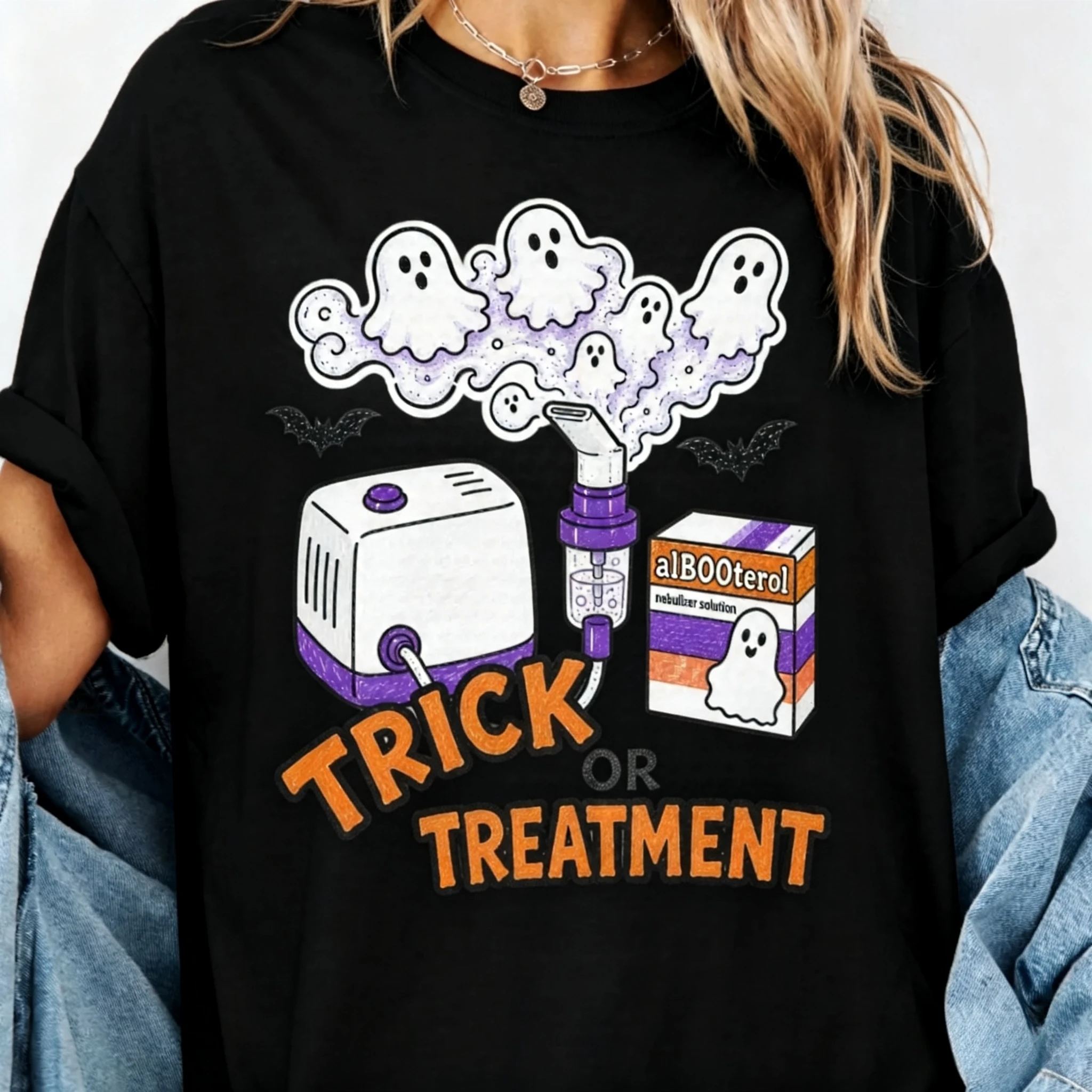 Trick or Treatment Halloween Nebulizer Ghost Graphic T-Shirt Respiratory Therapist Cute Ghost Tee RT Nurse Spooky Season Shirt