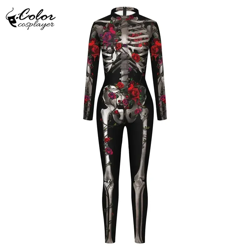 Kleur Cosplayer Halloween Skeleton Jumpsuit Gothic Rose Patroon Romper Carnaval Heks Ghost Cosplay Kostuum Partij Zentai