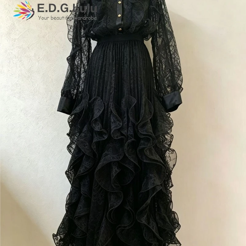 EDGLuLu Elegant Court Style Two Piece Set Turn-Down Collar Top +High Waisted Long Skirt Hollow Lace Ruffle Splicing Suit 1006
