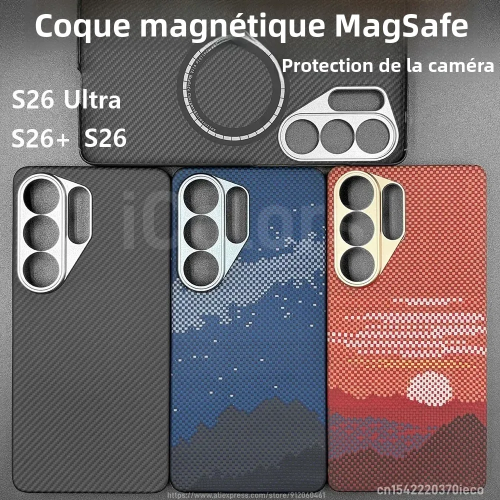 Étui magnétique pour Samsung Galaxy S26 Ultra, compatible avec Magsafe, en fibre d'aramide et carbone, coque fine avec protection de l'appareil photo pour S26 S26+