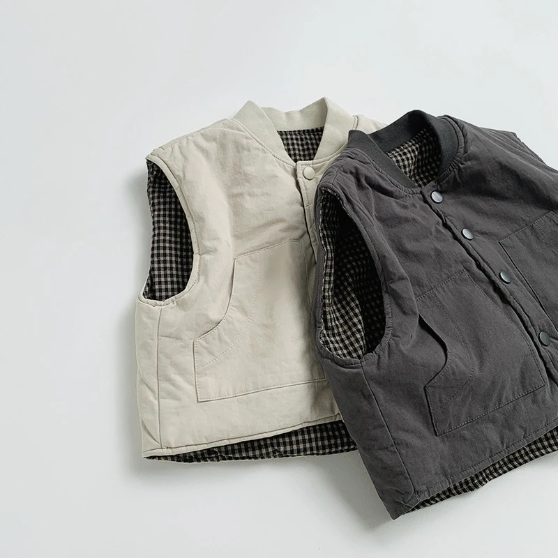 2026 Winter New Double Sided Cotton Vest Boys and Girls Plaid Camisole Warm Vest Korean Japanese Style Kids Coat
