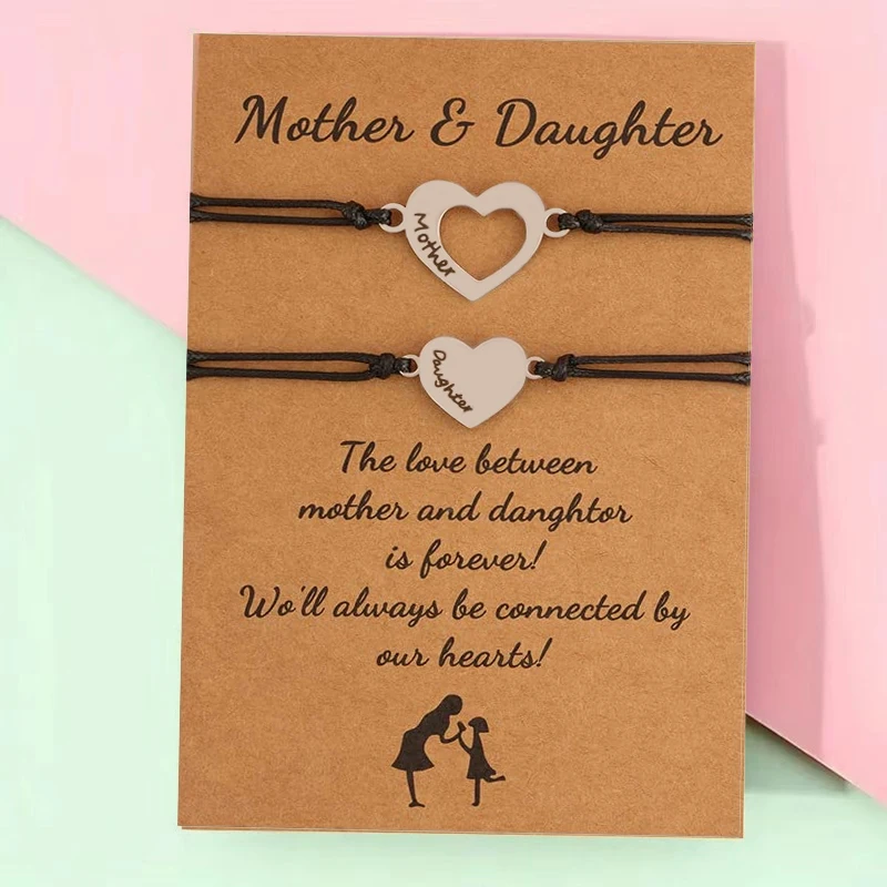 2pcs Mother Daughter Bracelets Set Mommy and Me Matching Love Heart Black Rope Jewelry Gift Mother\'s Day Bracelet