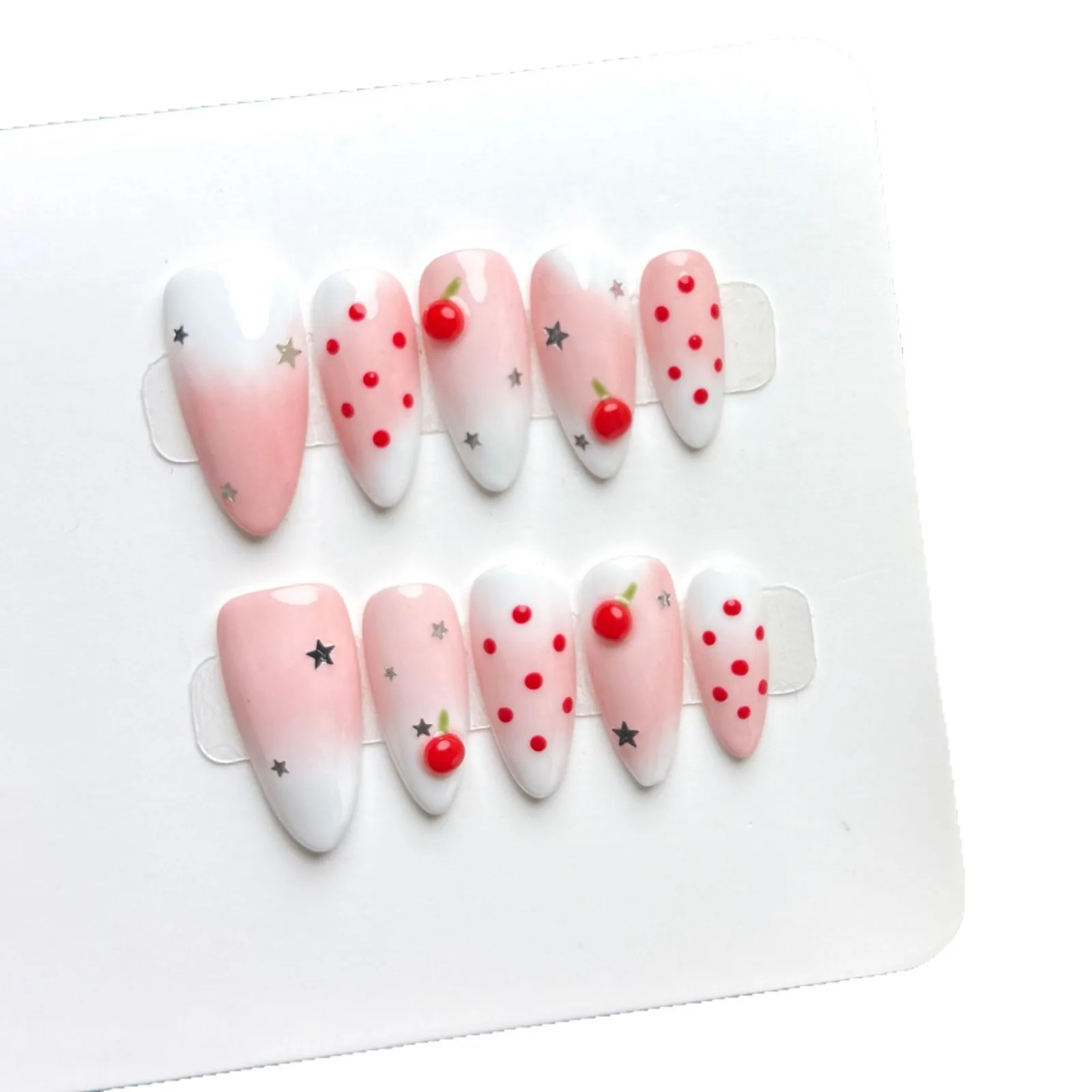 10pcs Handmade Almond Press On Nails Pink White Gradient Polka Dot 3D Cherry Design Sweet Fake Nails Wearable Nails Art Tips