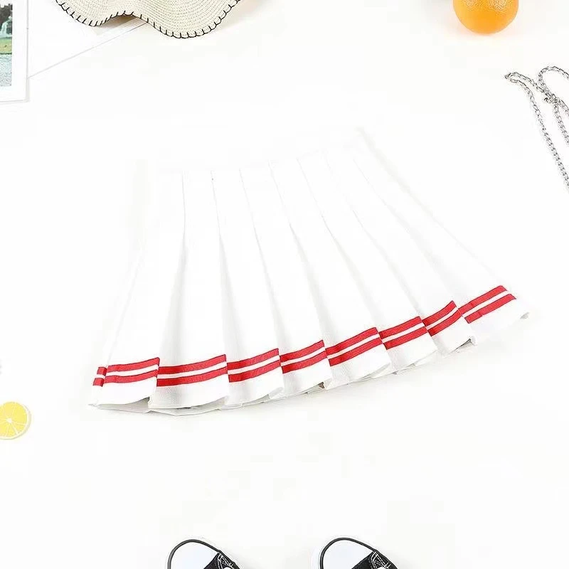Women High Waist Pleated Mini Skirt A-Line Striped Hem Preppy Style Summer Tennis JK Uniform