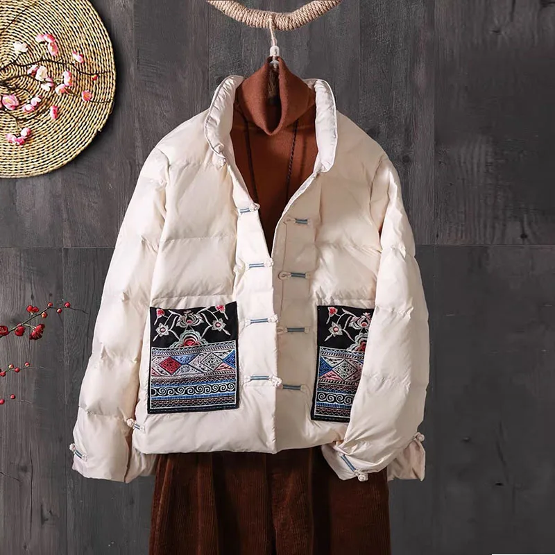 Fashion Loose White Duck Down Down Jacket Retro Button Embroidery National Style Coat 2023 New Autumn Winter Warm Women Jackets