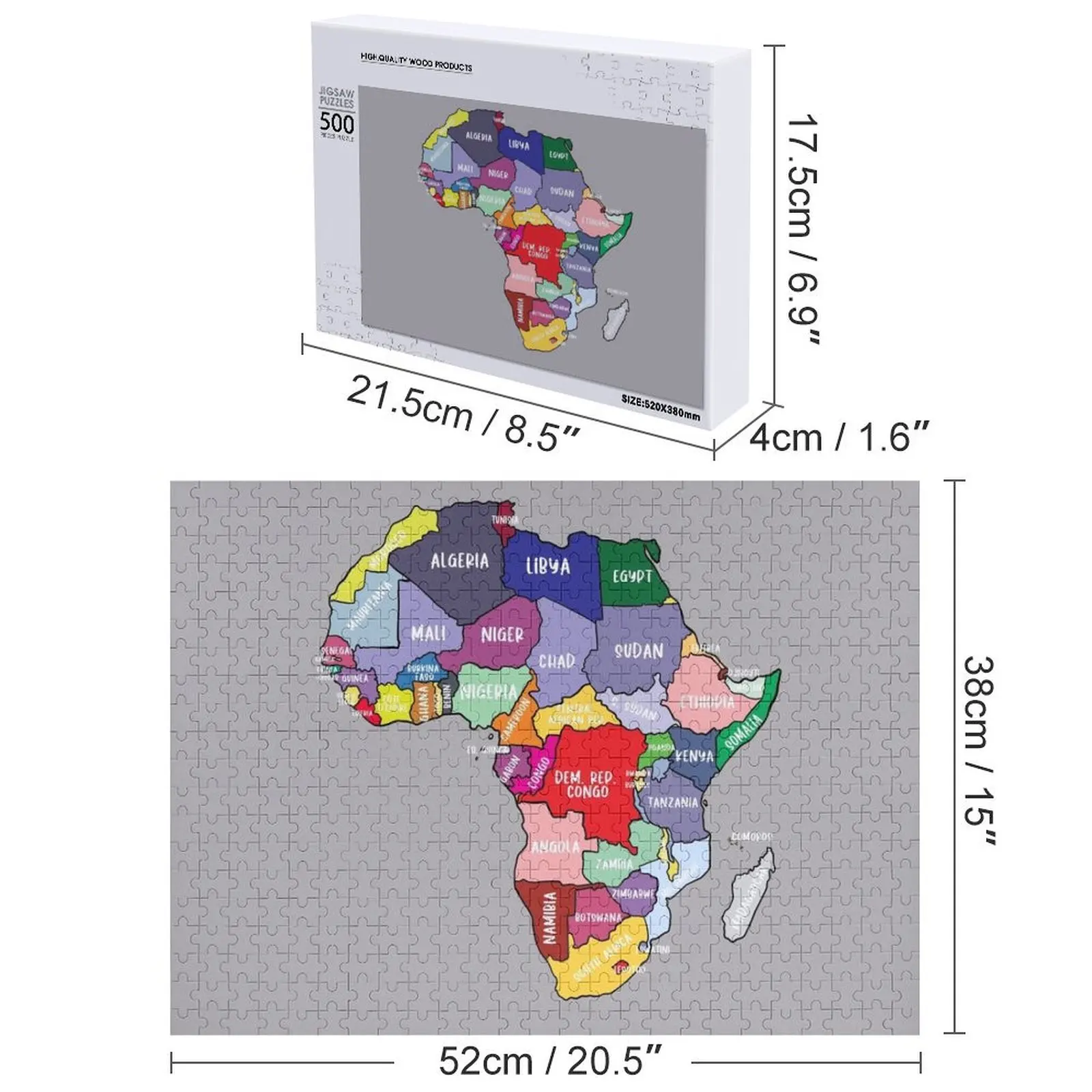 Carte colorée d'Afrique avec noms de pays, puzzle de continent africain coloré, photo personnalisée, puzzle personnalisé