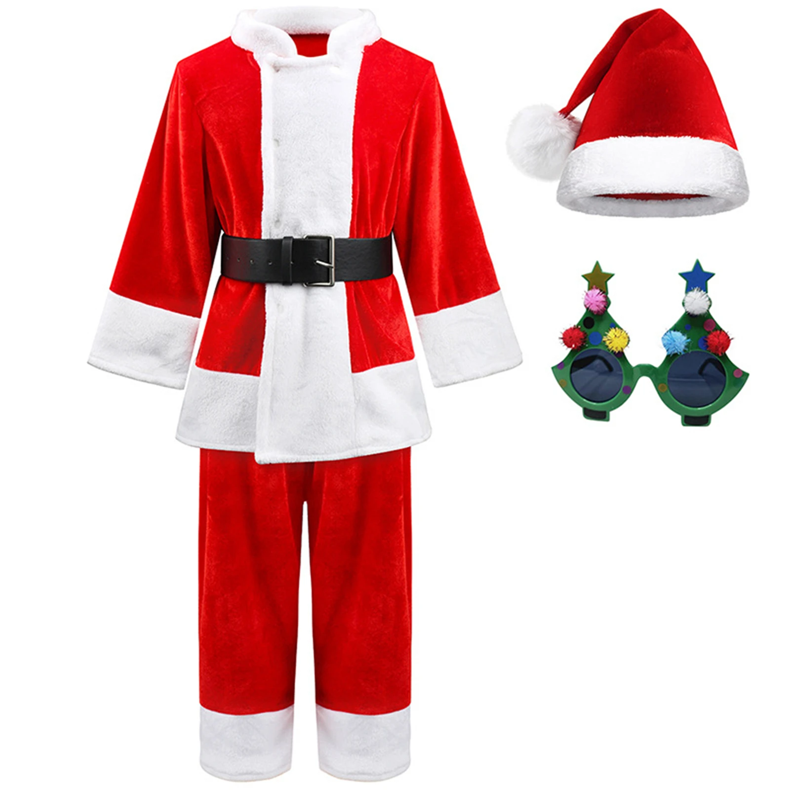 

Santa Claus Clothes Christmas Clown Cosplay Costume and Hat Glasses Horror Uniform for Kids Children Halloween Stage Suit