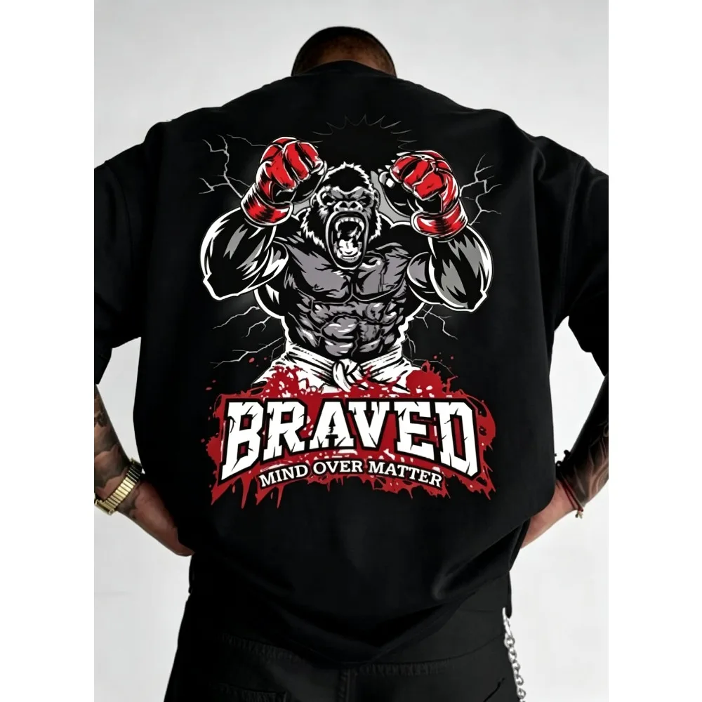 2026 New Men Braved Graphic T-shirt, Boxing Gorilla Mind Over Matter Inspirational Print Crew Neck Short Sleeve Top,