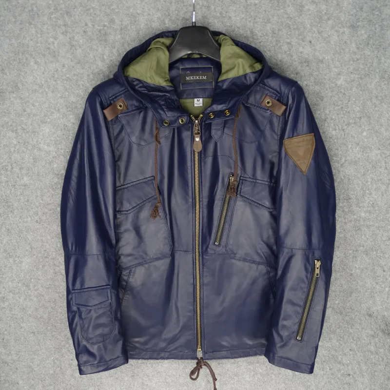 

Blue new hooded slim fit New Zealand imported first layer sheepskin leather leather jacket men's leather jacket