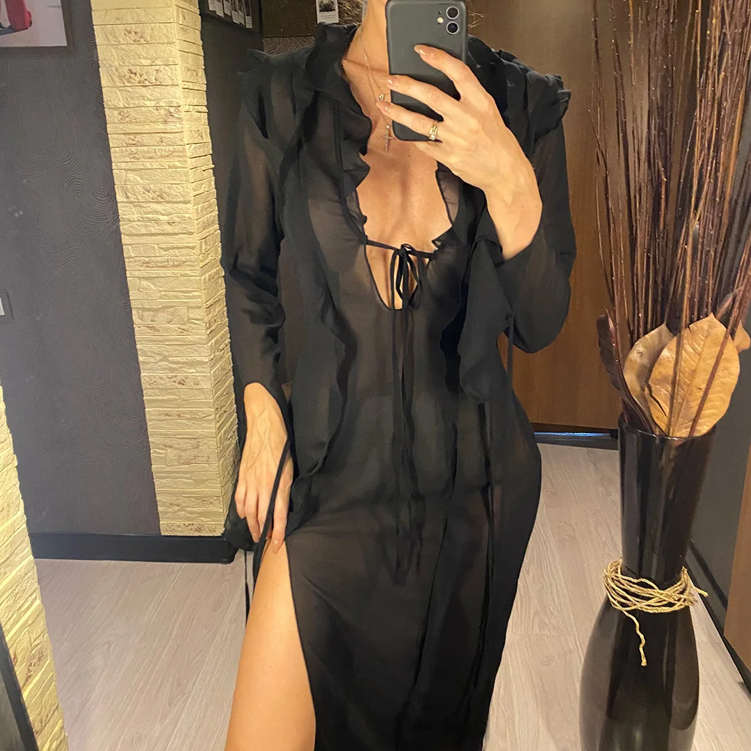 Langes Kleid mit tiefem V-Ausschnitt und hohem Schlitz, Rüschen, Strand-Cover-Up, Bikini-Cover-Up, Strandkleid, Strandmode, Damen V4440 – Detail 9